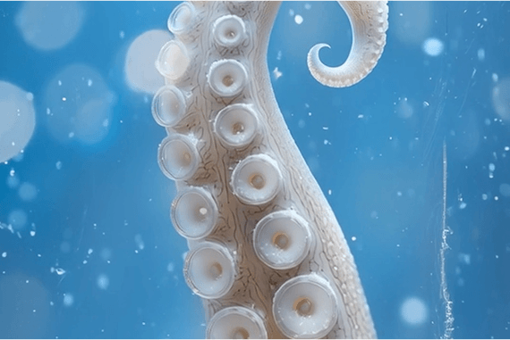 Flexibler Oktopustentakel mit Saugnäpfen im Schneefall – symbolisiert die weiche, anpassungsfähige Gummimischung der Nissan Winterreifen für kurze Bremswege selbst bei Kälte.